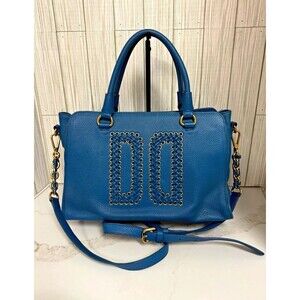 DAKS London Blue Pebbled Satchel Zip Bag Detachable Strap Gold Hardware